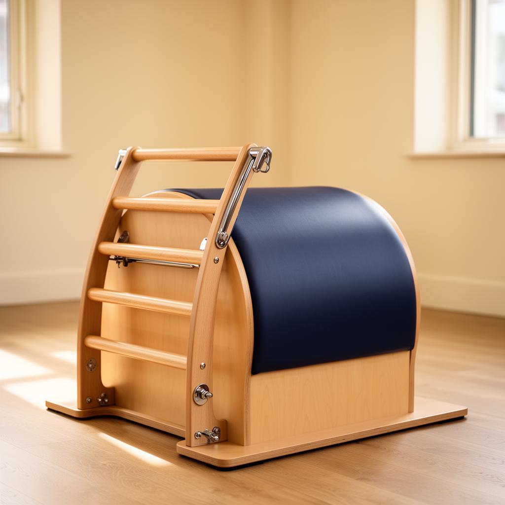 Ladder Barrel — aparelho de Pilates em madeira clara e estofado azul